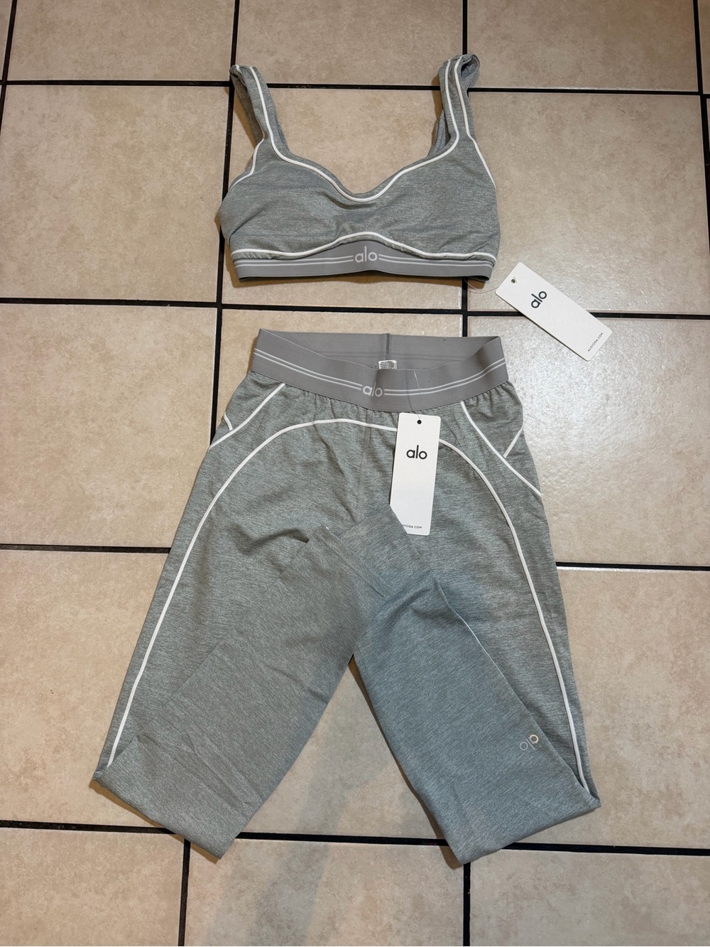 ALO Yoga Gray Seam-Trim Bralette & Biker Short Set